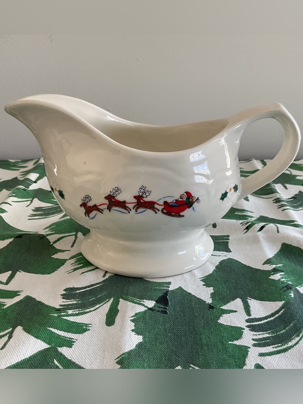 Pfaltzgraff Winterberry Gravy Boat with Reindeer & Santa Pulling the Sled